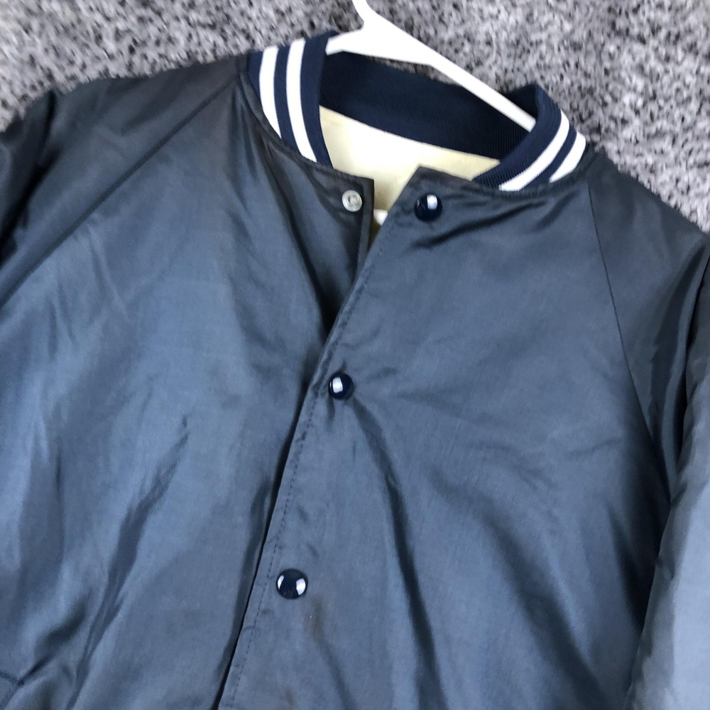 Vintage Varsity Jacket Mens Large Blue Nylon Quilted Lined Striped Trim Bomber